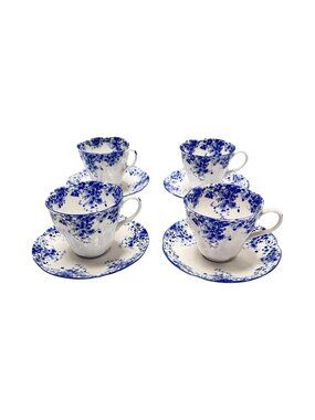 Royal Albert Dainty Blue Tea‎ Cups Lot 4 Cups Saucers Fluted Scalloped UK